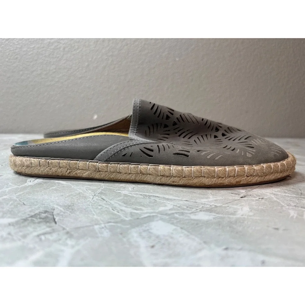 OluKai Kaula Olui Grey Leather‎ Laser Cut Espadrille Mules Slip On Shoes US 8